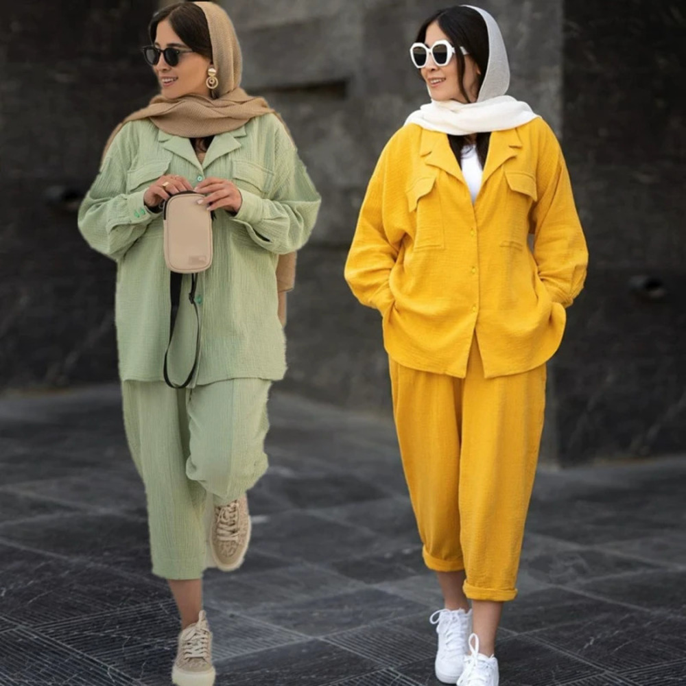 Fall Solid Loose Fit Long Sleeve Collared Shirt Ankle Pants 2PC Set In Stock